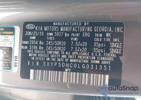 2020 Kia Telluride Sx z USA, uszkodzony, nr VIN 5XYP5DHC0LG031351